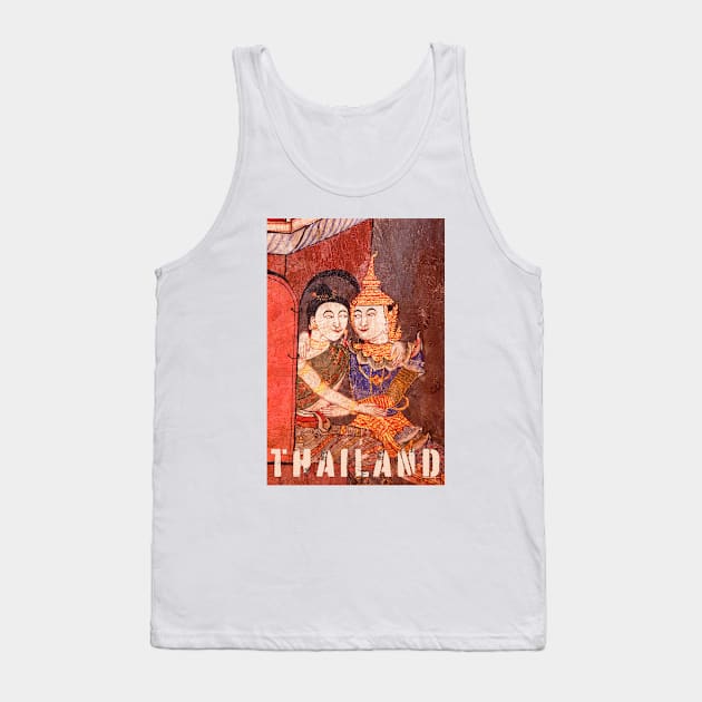 Antique Thai colorful temple mural of a young couple embracing in traditional period ceremonial clothing Tank Top by Earthworx